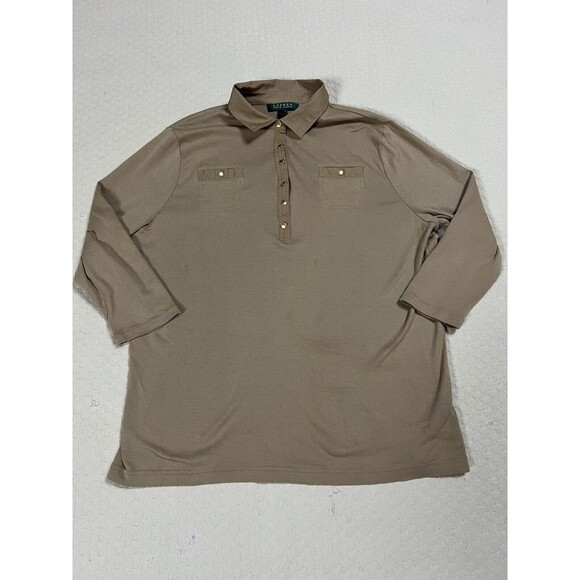 Lauren Ralph Lauren Safari Shirt 3/4 Sleeves Gold Buttons | Tan | Womens Size 1x - Picture 1 of 11